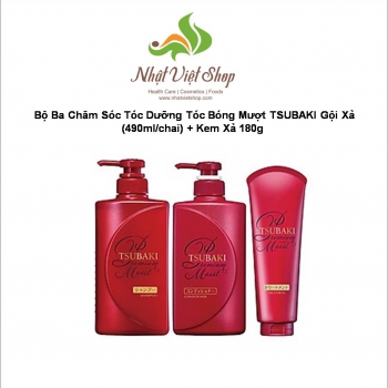 Bộ Ba Chăm Sóc Tóc Dưỡng Tóc Bóng Mượt TSUBAKI Gội Xả (490ml/chai) + Kem Xả 180g