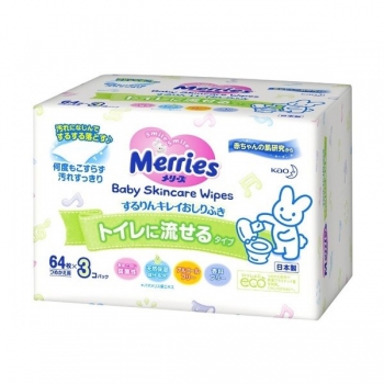 Khăn Giấy Ướt Merries Baby Skin Care Wipes (64 tờ x 3 gói) 